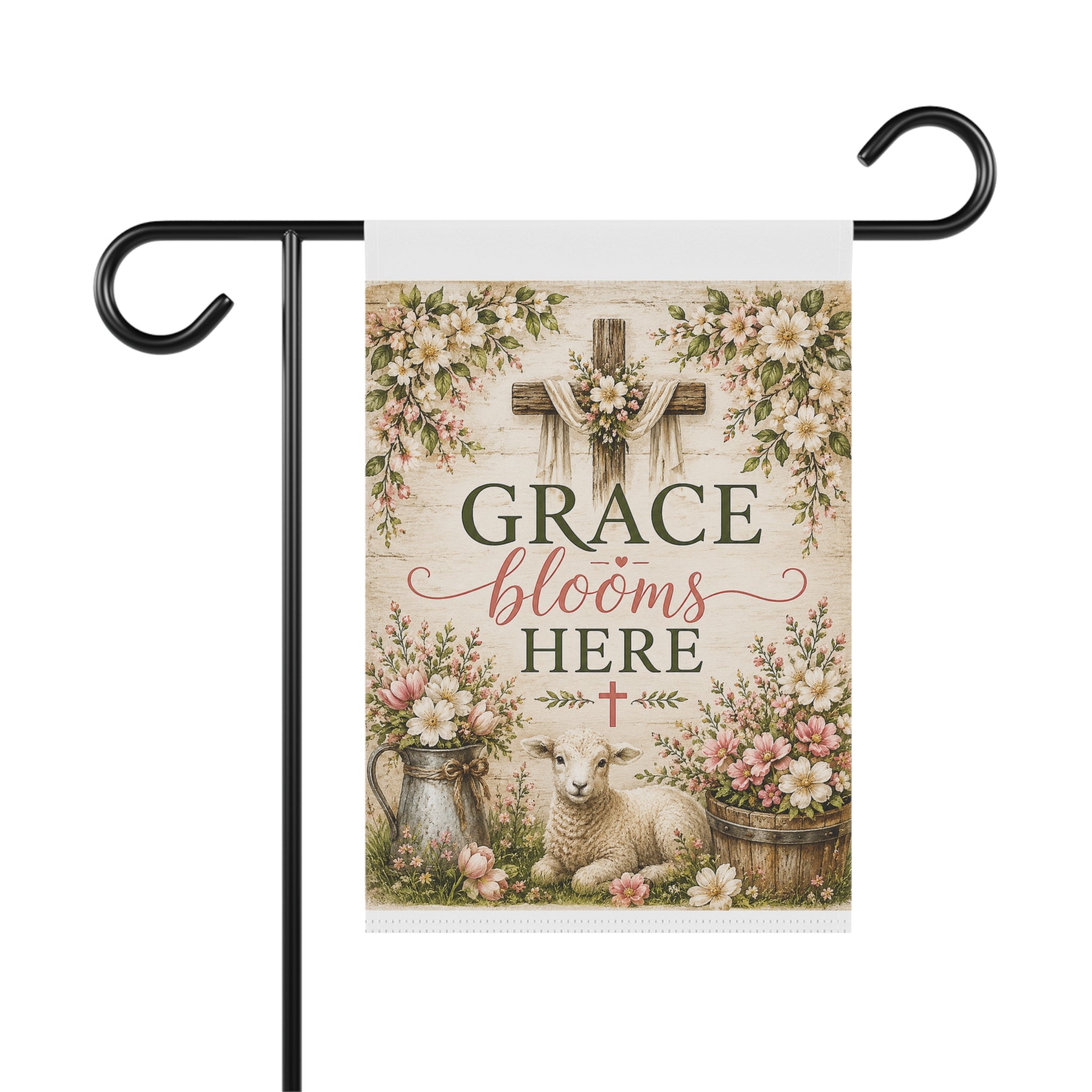 Grace Blooms Here Garden Flag — Floral Lamb Cross Spring Easter Lawn Banner