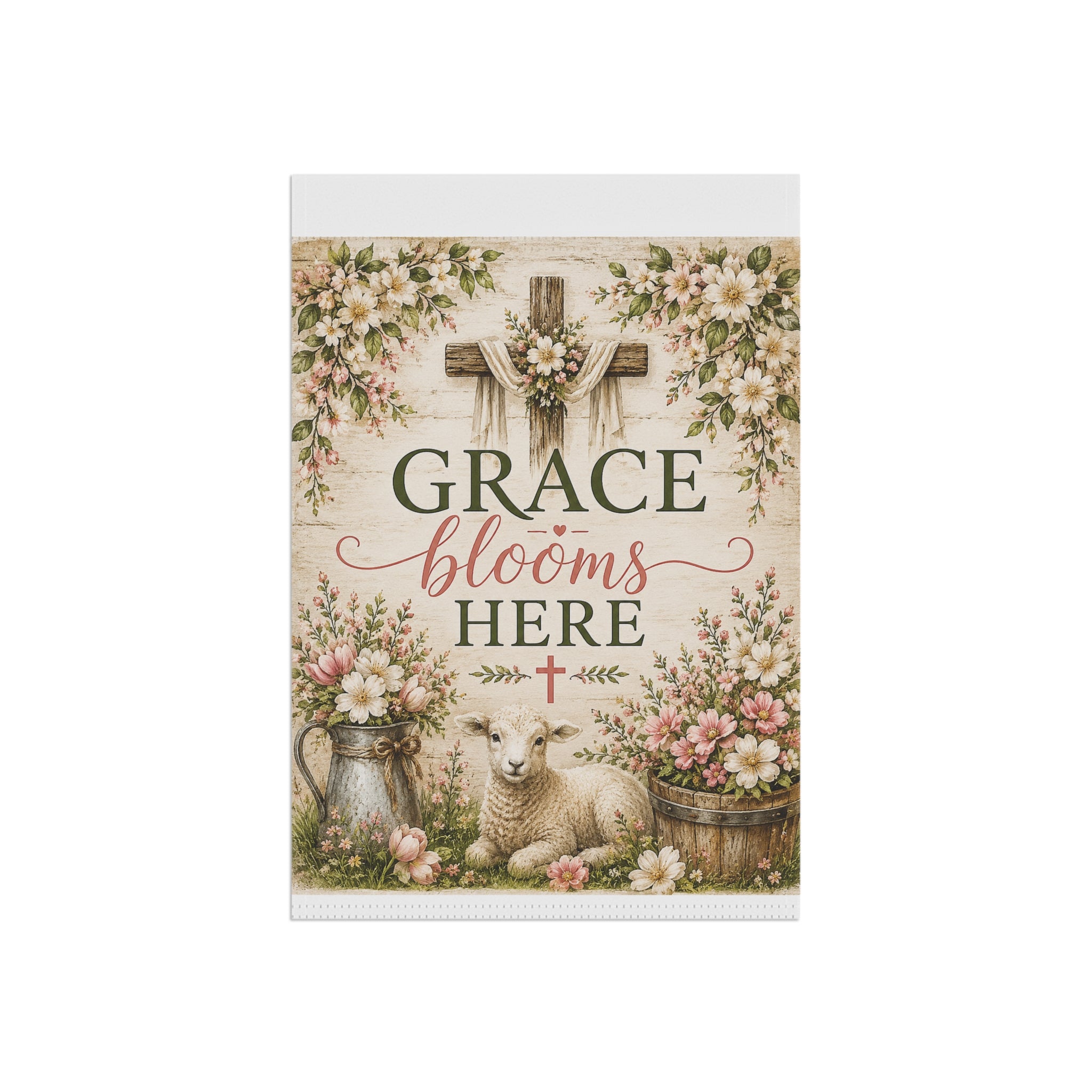 Grace Blooms Here Garden Flag — Floral Lamb Cross Spring Easter Lawn Banner
