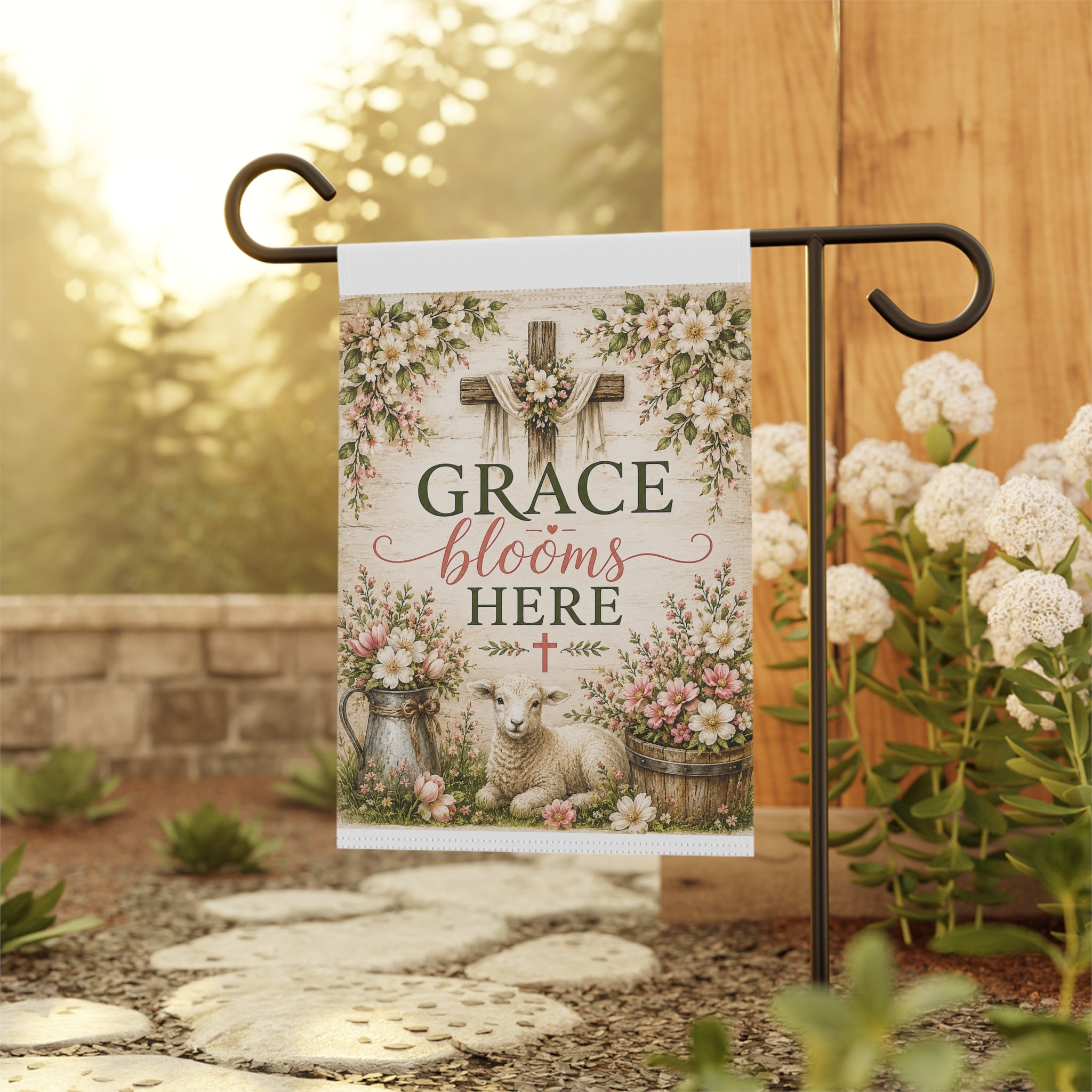 Grace Blooms Here Garden Flag — Floral Lamb Cross Spring Easter Lawn Banner