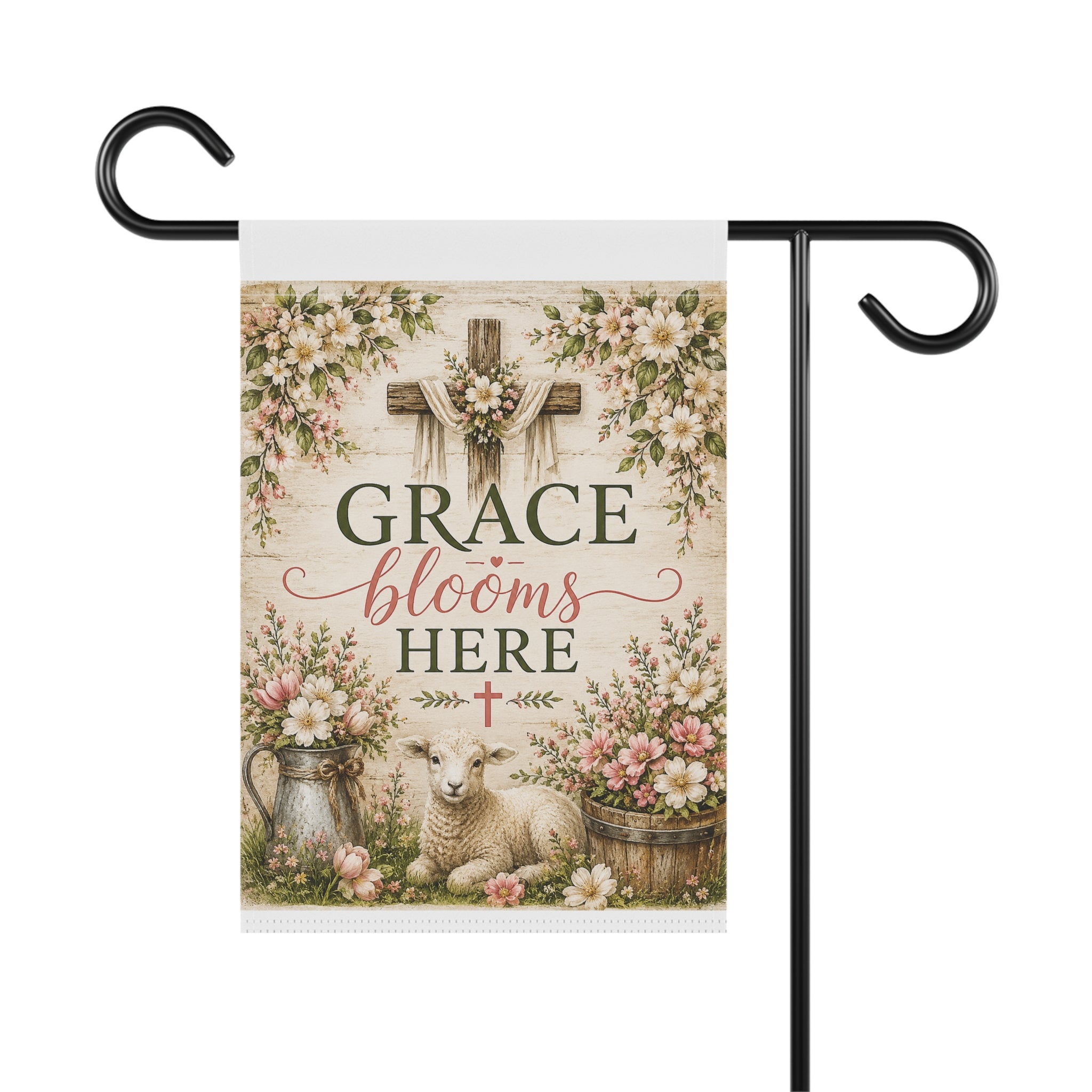 Grace Blooms Here Garden Flag — Floral Lamb Cross Spring Easter Lawn Banner